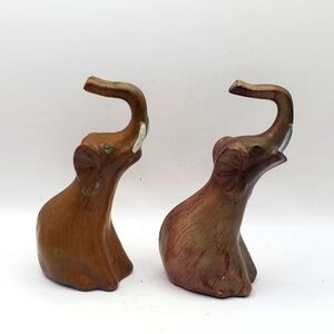 As Is Pair Lucky Elephants Wooden Look Gem Glass Eyes Made In Hong Kong 5.5"  H